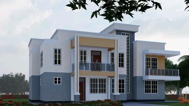 3D architectural render of a modern house with grey, white and mustard exterior and balconies
